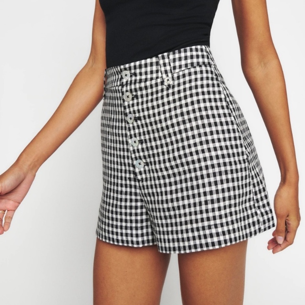 Reformation Black and White Gingham Button-Front Shorts